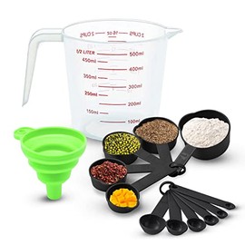 13 PCS Cucharas Medidoras y Tazas Medidoras, con Embudo Plegable (Negro) | Set de Tazas y Cucharas Medidoras con Mangos, Apilables, Herramientas de Medición de Cocina para Medir Líquidos y Condimento