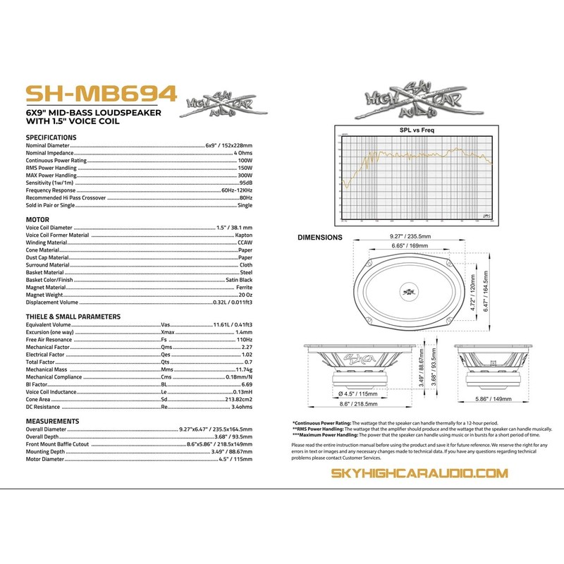 SHCA Pro Audio MB694 6x9 Mid-Bass Loudspeaker with 1.5" Voice