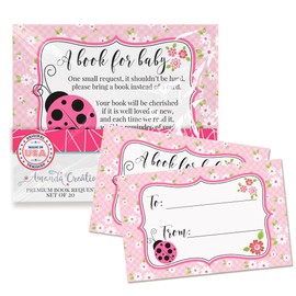 Amanda Creation Book Request Cards Pink Ladybug Bring a Book Insert Request for Baby Shower - 20 2.5 by 4 Inch Double Sided Gift Tags, Made in the USA