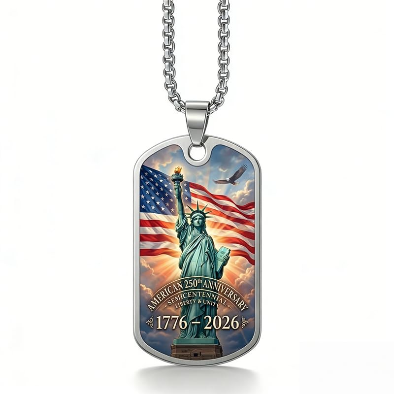 GuoShuang American 250th Anniversary Dog Tag Pendant Necklace, Silver Stainless
