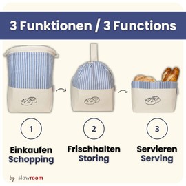 slowroom Bread Bag for Bread Storage and Keeping Fresh 3 in 1 - Bread Basket Fabric - Bread Bag Made of Cotton - Bread Bin 32 x 35 cm, Blue