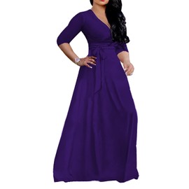 Sexy V-Neck Maxi Wrap Wedding-Guest Dress - Casual Bodycon 3/4 Sleeves Boho Pockets Sundress Purple