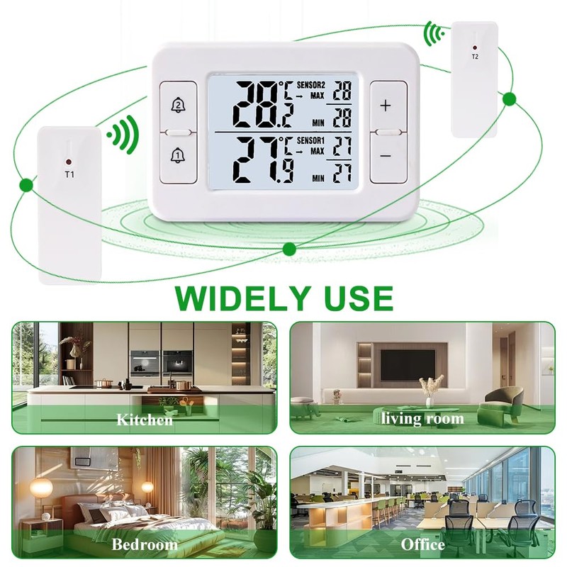 Fridge Thermometer, Freezer Thermometer with 2 Wireless Sensors, Thermometer Indoor