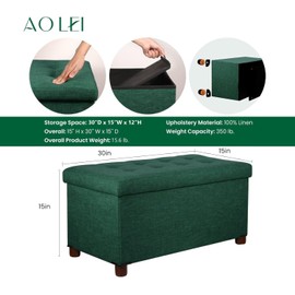Ao Lei 30 Inches Storage Ottoman Bench, Storage Bench with Wooden Legs for Living Room Ottoman Foot Rest Removeable Lid for Bedroom End of Bed, Linen Fabric Green Color