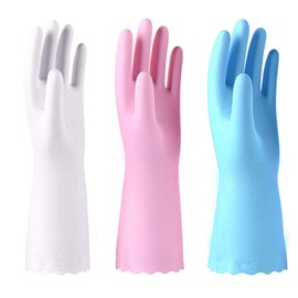 KINGFINGER Reusable Cleaning Gloves, 3 Pairs Large Rubber Gloves for Dishwashing, Dish Gloves with Latex free, Cotton lining, Household Gloves for Laundry, Gardening(Blue, White, Pink)