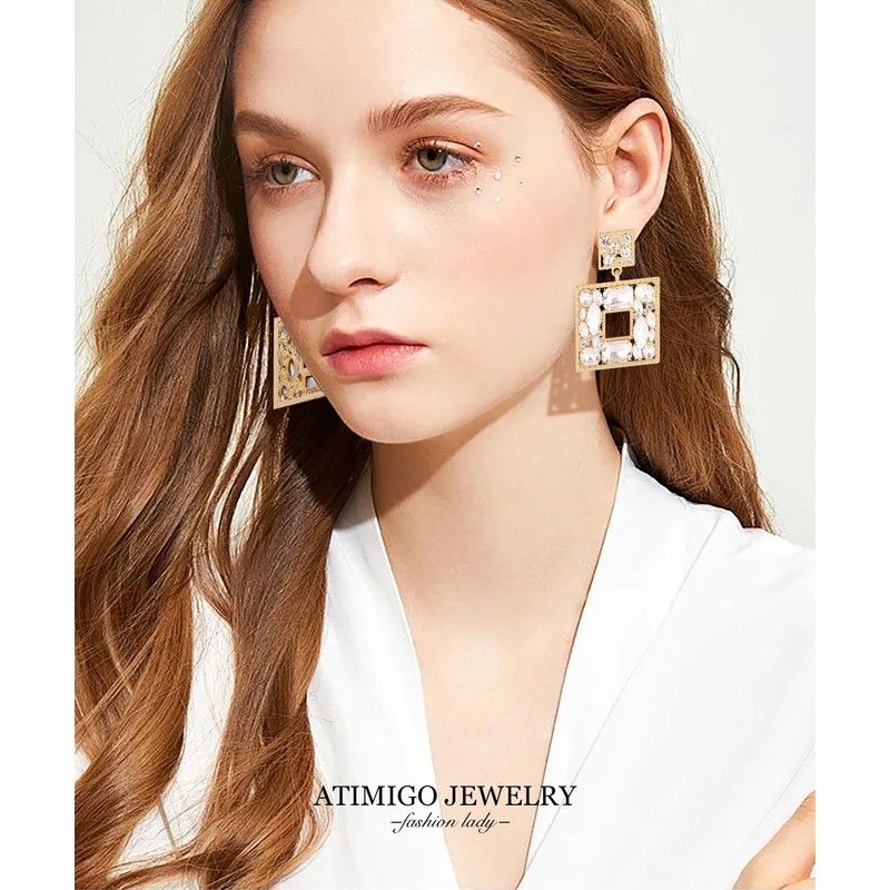 ATIMIGO Gold Rhinestone Square Statement Dangle Earrings Sparkly Crystal Geometric
