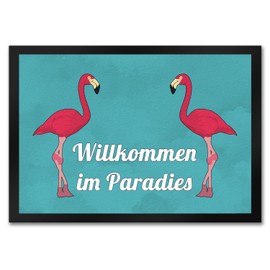 speecheese Door Mat 35 x 50 cm with Flamingo Motif and Saying: Welcome to Paradise Flamingo Caribbean Turquoise Pink Paradise Door Welcome Shoe Scraper Flat Waterbird