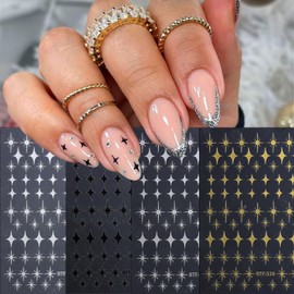 8 Sheet Shiny Gold Stars Nail Stickers 3D Self-Adhesive Four-Pointed Star Nail Decals Gold Black Silver Star Nail Design Stickers Pegatinas Uñas for Women Girl Nail Decorations Nail Art Supplies