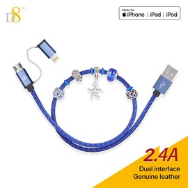 Dynamic8 MICRO-Lightning 2in1 to USB Cable [MFI Certified]; Fast Charging; Stylish Bracelet Charm; White, Blue, Brown; For Various Electronic Devices - Color: Blue