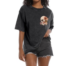 Bobeutou Oversized Vintage T Shirts for Women Skull Shirts Skeleton Gothic Graphic Acid Wash Tshirts Baggy Tee Crew Neck Tops(Black,2XL)