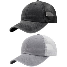 Vintage Washed Snapback Summer Trucker Baseball Hat for Women, Unstructured Cotton Crown/Soft Mesh/Flexible Visor/Foldbale for Pocket-Black/Grey