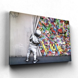 Banksy Canvas Wall Art Graffiti Wall Art Behind The Curtain Picture - 16x24 Inches Built-in Wooden Frame, Lightweight & Ready to Hang, Urban Street Art for Office, Bedroom, Living Room Decor