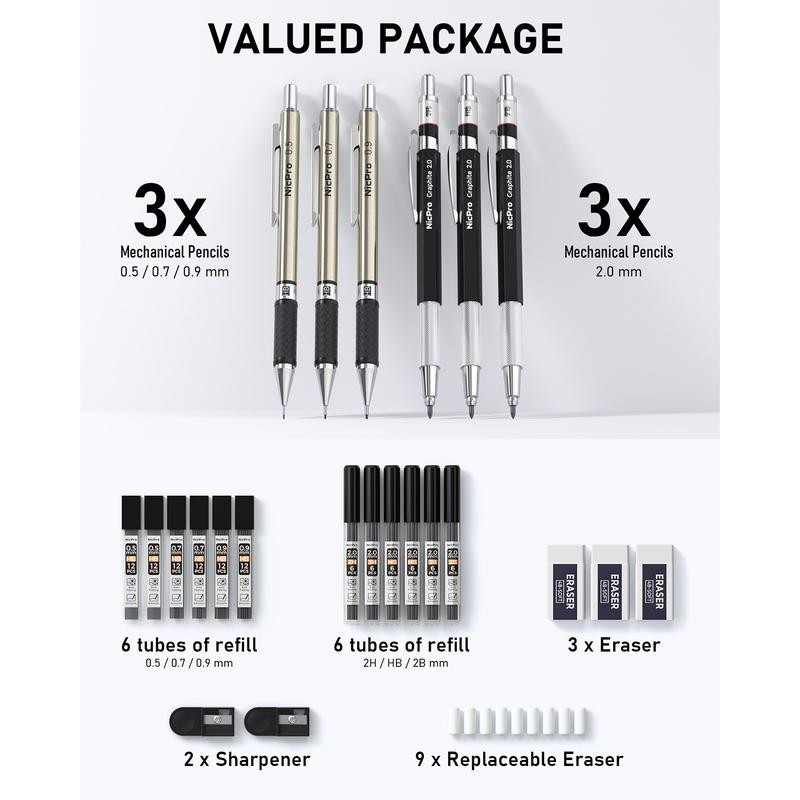 Nicpro 6Pack Art Mechanical Pencil Set, 3Pack Metal Drafting Pencil
