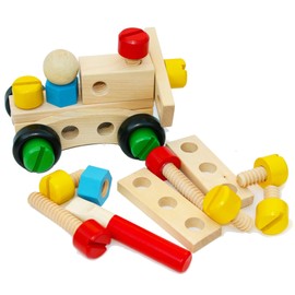 TOWO Holzmuttern und Schrauben Spielzeugset - Bauklötze Bausatz 31-teilig Reisespielzeug - Modellbau-Werkzeugsätze für Kinder - Holzspielzeug Bauwerkzeuge ab 4 Jahren