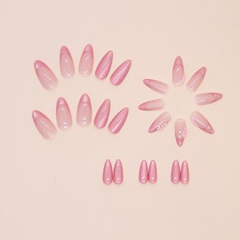Pink Gradient Press on Nails - Pink Flower Stereoscopic Embossed Tip French,Medium Fake Nails Kit with 24 Nails,24pcs jelly glue stickers,1pcs mini nail file,1pcs wooden stick （Nails for Women Girls）