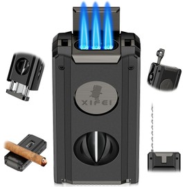 XIFEI Cigar Torch Lighter, 5-in-1 Refillable Butane Lighter with Cigar Cutter V Cut, Cigar Punch, Cigar Draw Enhancer, Cigar Holder, Multifunctional Windproof Lighters Triple Jet Flame (Black)
