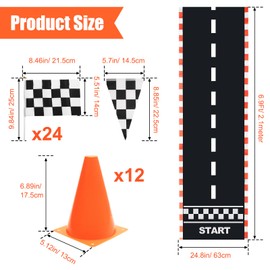 Windspeed 12+24 Racing Checkered Flags and Traffic Cones for Race Car Party, 24 Checkered Flags with Stick/ 12 Racing Traffic Cones/ 3Meter Checkered Triangle Flag/ 2Meter Racetrack Floor Running Mat
