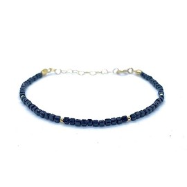 Damenarmband schwarzer Turmalin Naturstein 2 mm dick 24 Karat gelbvergoldetes Sterlingsilber verstellbar von 16 cm bis 19 cm