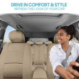 BDK OS-309-AB Tan Trim Black Car Seat Covers Full 9 Piece Set, Sleek & Stylish, Split Option Bench 5 Headrests Front & Rear Bench, Beige