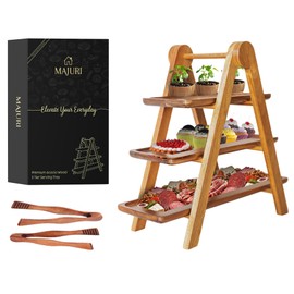 MAJURI 3 Tier Wooden Serving Tray, Set of 2 Tongs Free, Tiered Serving Trays & Platters for Party, Wedding, Picnic, Your Perfect Elevated Charcuterie Stand and for 3 Tiered Dessert Stand Lovers