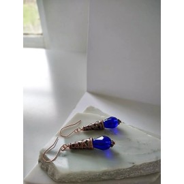 Bad Apple Designs Blue Teardrop Crystal Copper Earrings, Ladies Dangle Fashion Earrings Antique