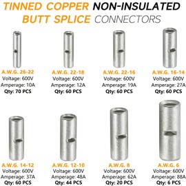SVAAR 380PCS Non Insulated Butt Connectors Kit Butt Splice Connector Uninsulated Wire Splice Connectors for 26 to 6 Gauge Wire Marine Grade Tinned Copper Seamless Barrel Crimp Butt Splice Terminals