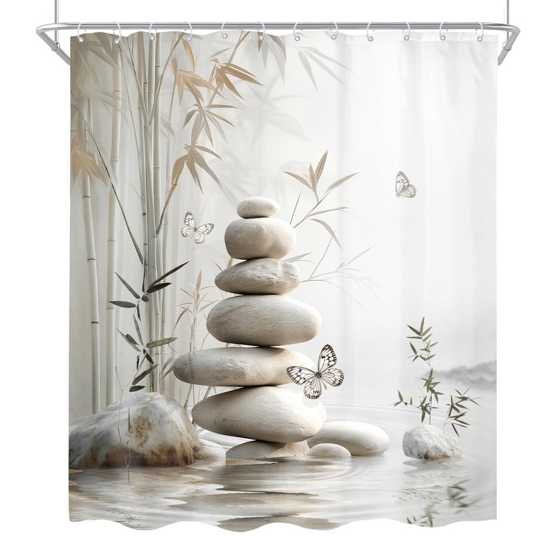 Zen Bamboo Gray Butterfly Stone Spa Pastel Bathroom Shower Curtain