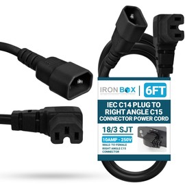 IronBox Electric IEC C14 Plug to Right Angle C15 Connector Power Cords - 10A, 250V, 18/3 SJT - Heavy Duty Power Supply Extension Cord - UL Listed Power Cable for Computer, PDU, Monitor & More (6 ft)