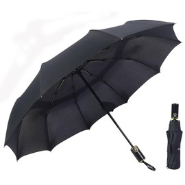 BSDYCL Umbrella Windproof Strong,with Vented Double Canopy - Compact Umbrella for wind and rain,Folding Travel Umbrella 10 Ribs, Auto Open/Close, 190T Waterproof Fabric,Leather handle