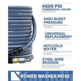 KARHDIR 4500PSI 3/8" Pressure Washer Hose 50FT for Cold and Hot Water 212°F, Kink Resistant Grade Steel Wire Braided Power Washer Hose, Swivel Quick Connect with 2PCS M22-14mm Brass Adapter