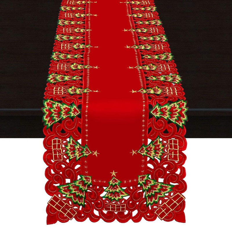 Grelucgo Embroidered Christmas Holiday Holly Tree Large Table Runner And