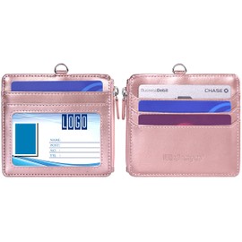 Wisdompro Badge Holder with Lanyard, 2-Sided PU Leather Card Holder Wallet with 1PC Neck Strap,1 ID Window, 4 Card Slots, 1 Side Zipper Pocket for School, Office, Bus Pass - Rose Gold(Horizontal)