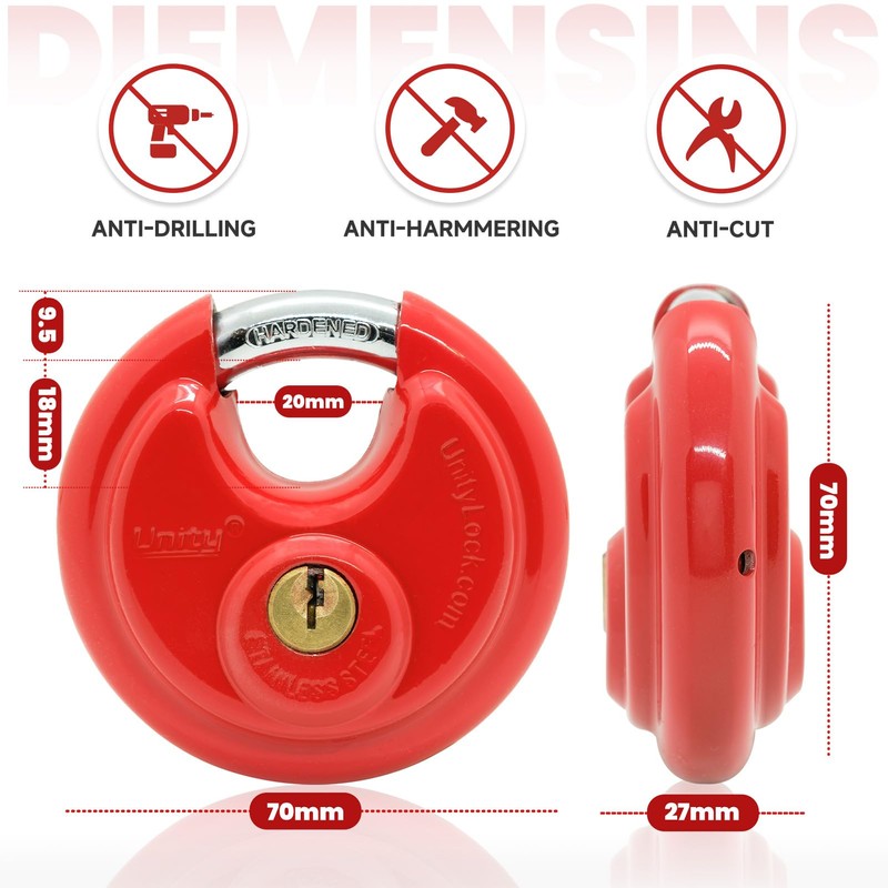 Unity Red Keyed Padlock 2 3/4'' (70mm), Stainless Steel Disc