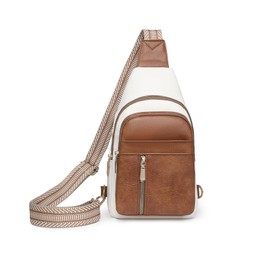 HOSICRON Crossbody Bags for Women Trendy, Leather Sling Bag for Women, Women's Fanny Packs Waist with Guitar Strap, Gifts for Women (White With Brown)