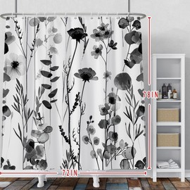 Baocicco Black and White Flower Shower Curtain Set - Farmhouse Floral Vintage Botanical Fashion - 72x78 Inch Polyester Waterproof Bathroom Decor