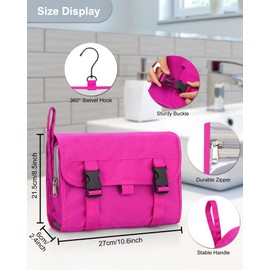 Twofold Hanging Travel Toiletry Bag for Women & Men, Large Capacity Waterproof Cosmetic Organizer with Foldable Design & Multi-Pockets for Skincare, Makeup - Hot Pink