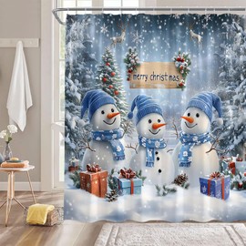 Christmas Snowman Shower Curtain Cute Snowman Pine Tree Forest Snowflake Blue Nature Winter Holiday Merry Christmas Festival Fabric Bathroom Decor Curtain with Hooks,70Wx70H Inches