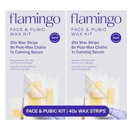 Flamingo Kit de cera facial y bikini para mujer, tiras de cera para depilación facial y vello púbico, 40 tiras de cera, 16 paños posteriores a la cera