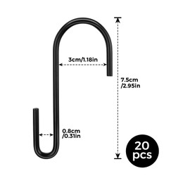 DONQL S Hooks, 7.5 cm Stainless Steel Hooks for Hanging, S Hooks, Small Heavy Duty Hooks, Double Hooks, Hanging Hooks for Hooks, Wardrobe Hooks, Kitchen Hooks, Wardrobe Hooks (Pack of 20, Black)