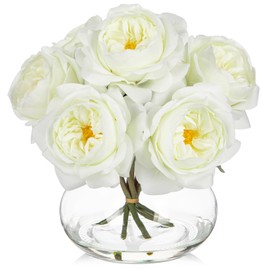 Hollyone White Roses Peonies Artificial Flowers with Glass Vase Silk David Austin Roses Faux Flowers Arrangements with Clear Faux Water in Vase Fake Peonies Rose Peony Floral Bulk Bouquet Home Decor