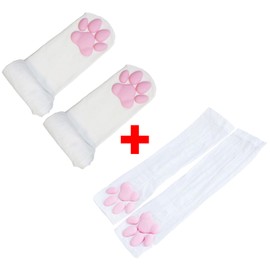 Cute Cat Paw Pad Thigh High Socks, Pink 3D Kitten Claw Mittens Long Fingerless Gloves and Fox Ear Headband for Girls Women (White-2)