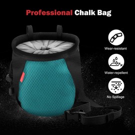 Rhino Valley Chalk Bag, No Leak Rock Climbing Strawstring Bag Drawstring Magnesia Sack with Adjustable Belt Carabiner for Gymnastics, Rock Climbing, Bouldering, Weight-Lifting - Black & Light Blue