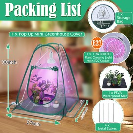 Meonum Mini Greenhouse with 10W 200 LED Grow Light Bulbs for Indoor, 27 x 27 x 30 Pop Up Small Greenhouse Cover with Bottom Waterproof Bottom Mat for Indoor Outdoor Plants Seed Starting