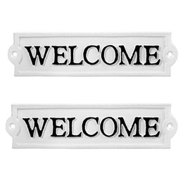 OGANAZI 2 PCS Heavy Duty Cast Iron Welcome Sign Decor, Wall Hanging or Mountable Welcome Plaque for Front Door, Entrance, Porch, Home Office or Store- Small Welcome Sign 8.3x2.2Inch White