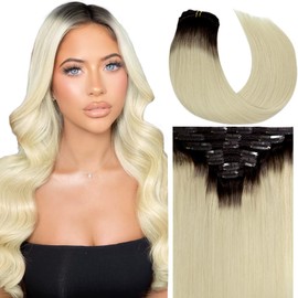 Caliee 14Inch Clip in Human Hair Extensions R2-60 Ombre Dark Brown with Platinum Blonde Double Weft Lace Clip in Hair Extensions Invisible Natural Straight Hair Extensions Clip on 120G 7PCS