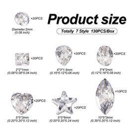 Bestewelry 130pcs Cubic Zirconia Stones Clear Loose CZ Stones Faceted Diamond Square Heart Oval Teardrop Cabochons for Nail Art Jewellery Making