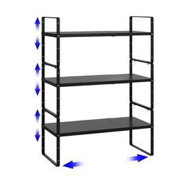 KIKIBRO Expandable Cabinet Shelf Organizer, Stackable Kitchen Pantry Counter Storage, Adjustable Cupboard Stand Rack Risers Spice Organization Heavy Duty Black Small 3 Pack