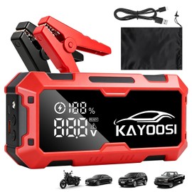 Kayoosi Arrancador de Batería de Coche Portátil 3000A 12V, con Pantalla LCD, Luz LED, Carga Rápida USB y Caja de Almacenamiento - Rojo y Negro