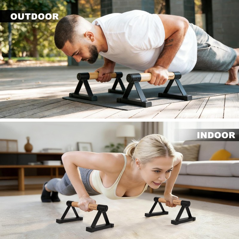 EVERYMATE Wood Push Up Bars Parallettes Bars with Rubber Feet,