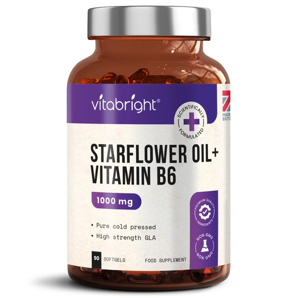 Starflower Oil / Borage Oil Capsules - 1000mg - High Strength GLA - with Vitamin B6 for Regulation of Hormonal Activity - 90 Softgels (3 Month Supply) - Pure & Cold Pressed - Made in UK by VitaBright